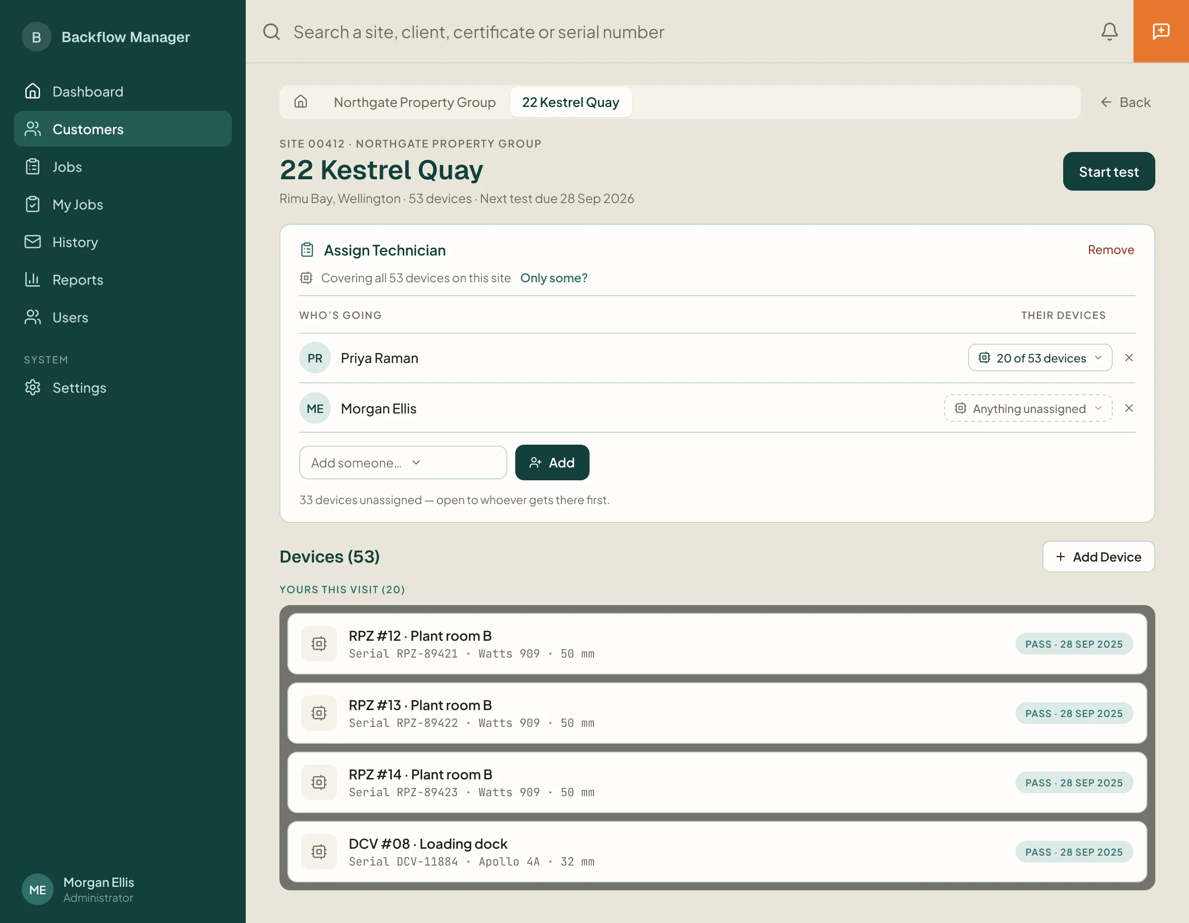 Backflow Manager site screen for assigning technicians and devices