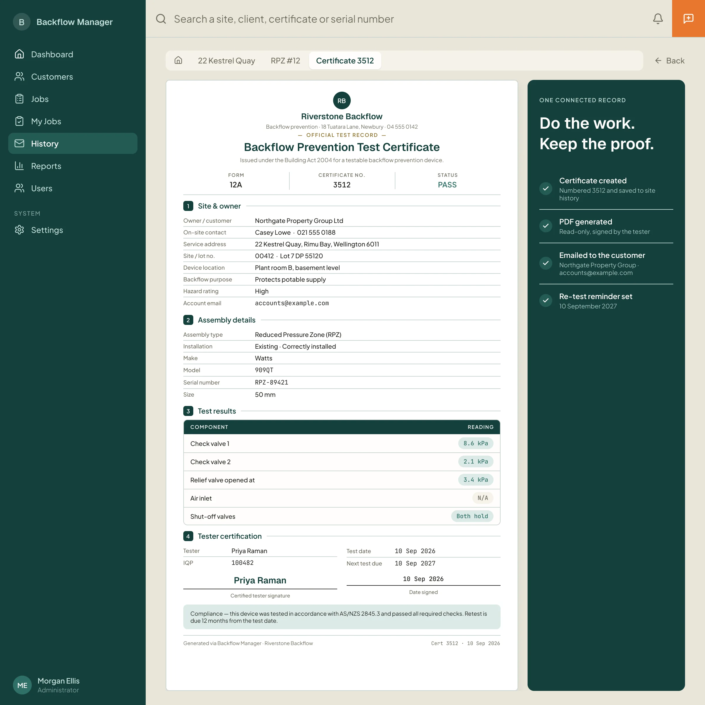 Backflow Manager certificate of compliance with test results and certification
