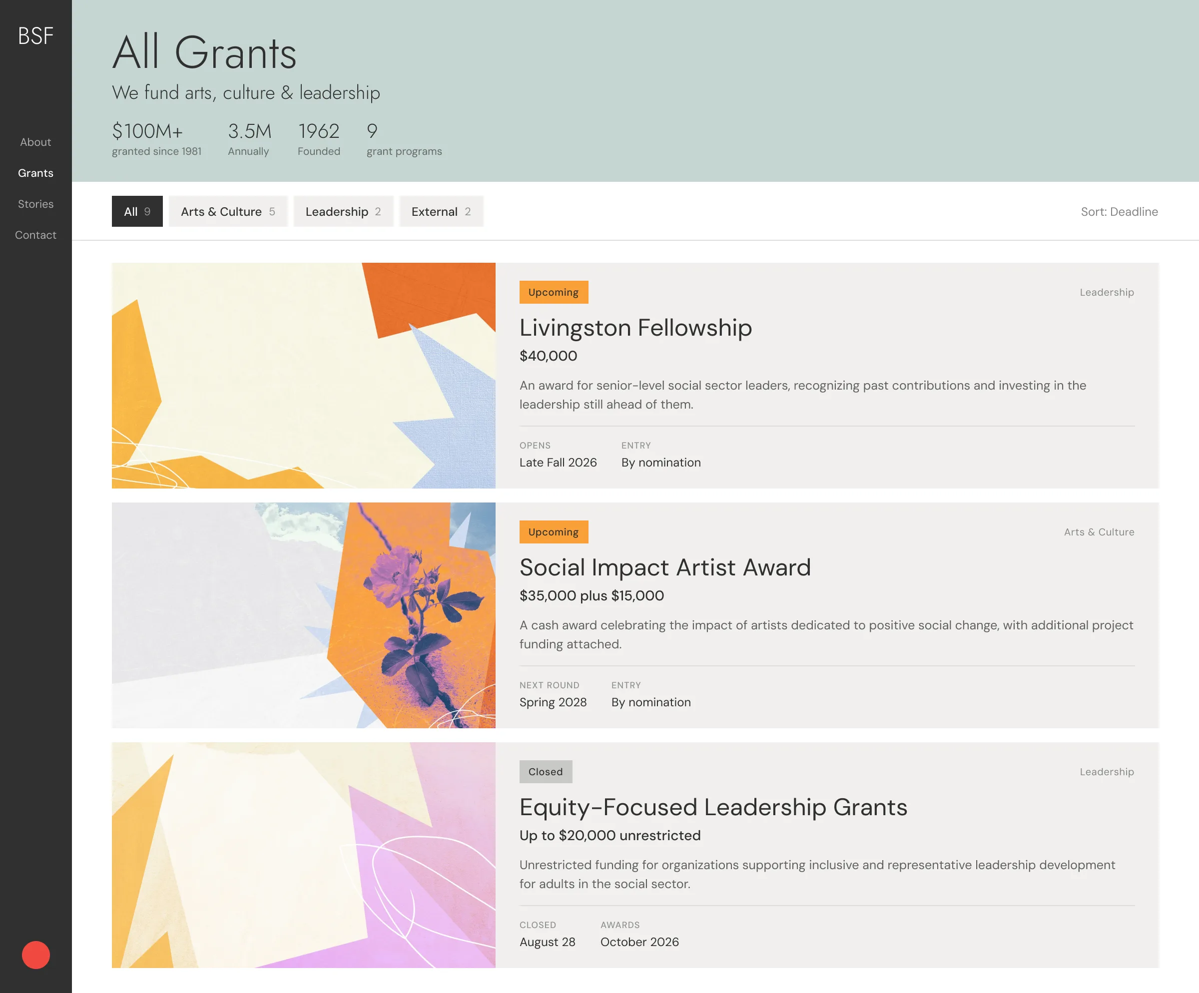 Bonfils-Stanton Foundation grants portal showing image-led grant cards