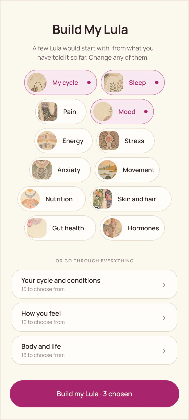 Build My Lula screen with suggested health priorities and category pickers