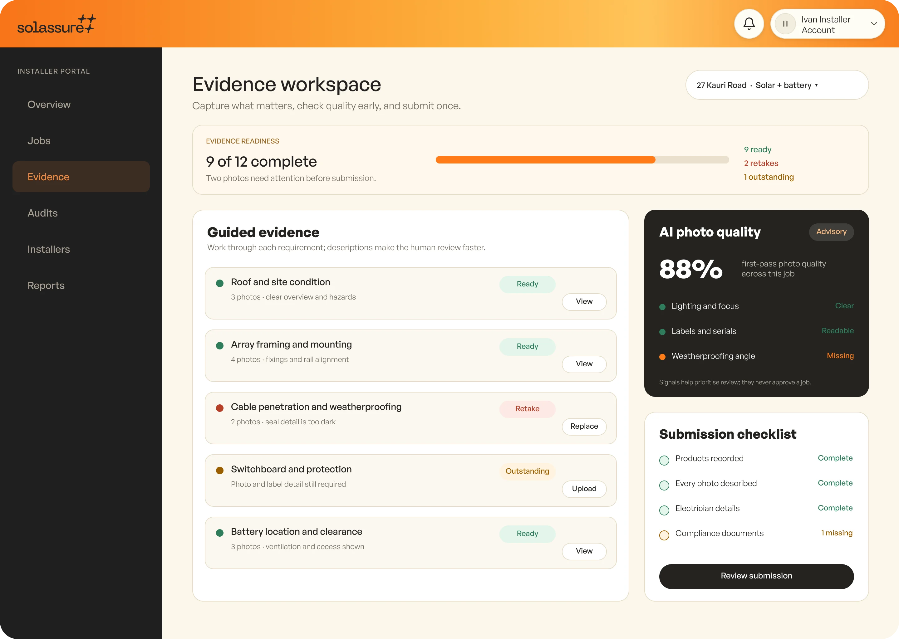 SEANZ evidence workspace showing submission readiness, guided evidence and advisory AI photo quality checks
