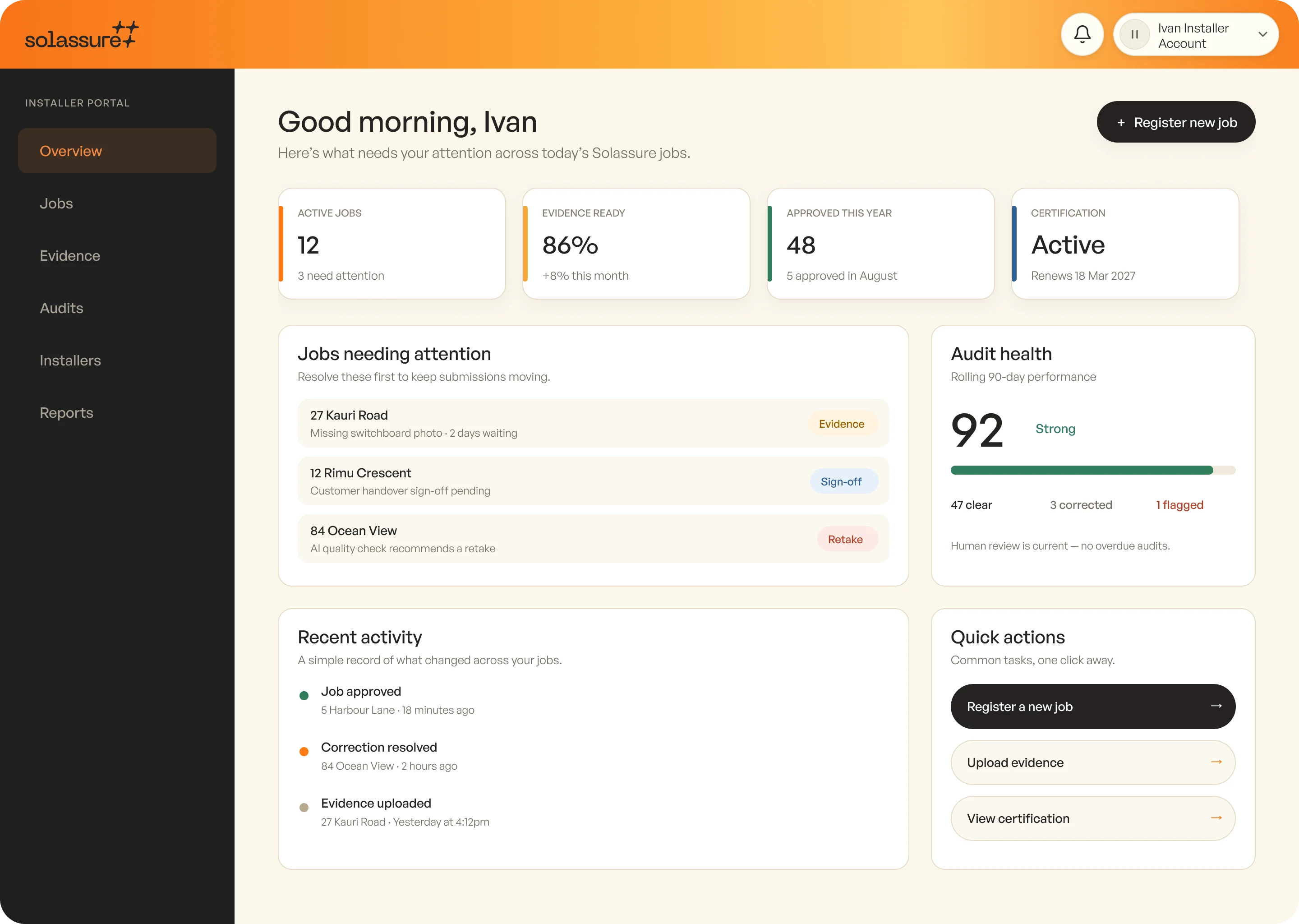 SEANZ installer portal dashboard showing active jobs, evidence readiness, audit health and certification status.