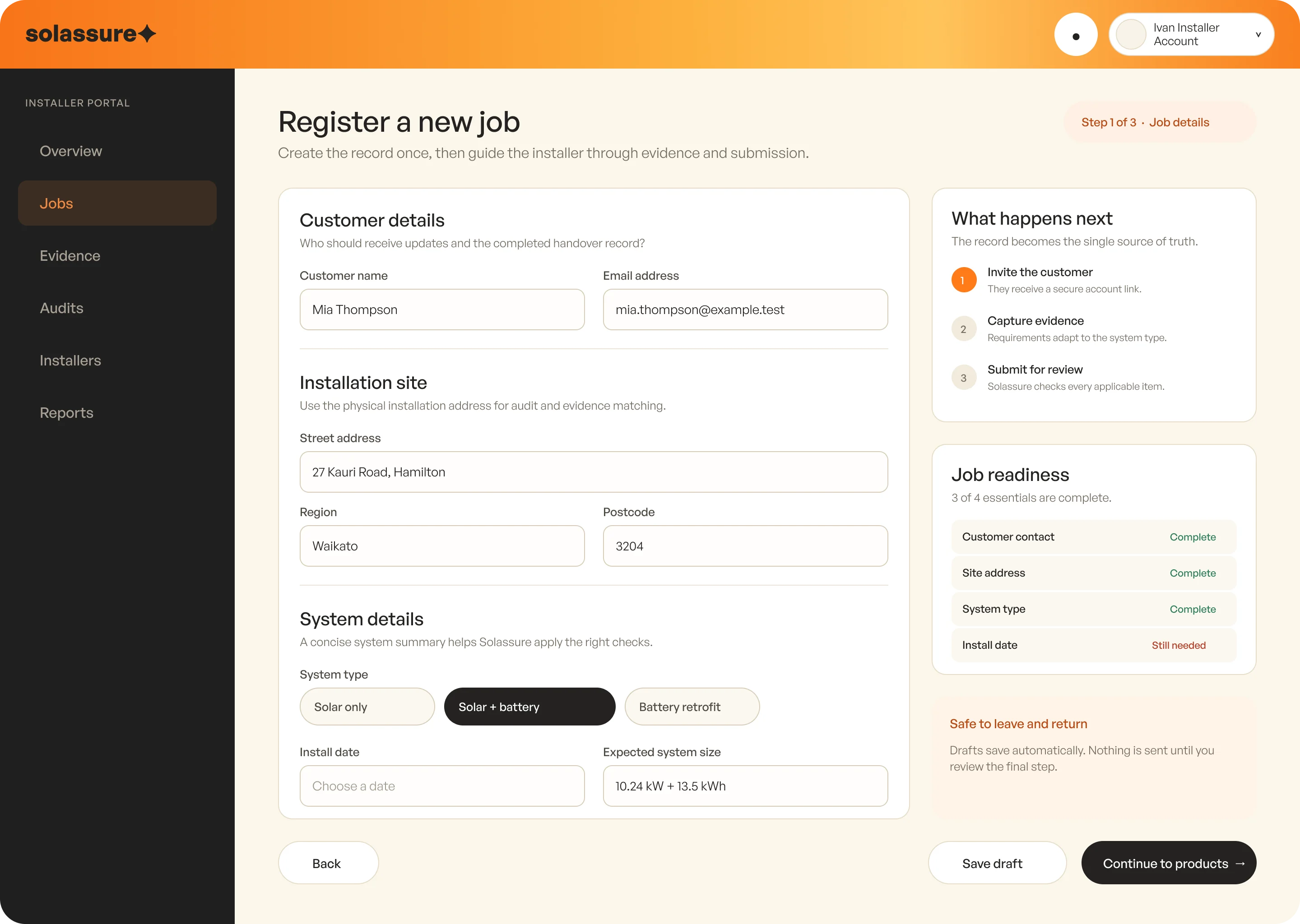 SEANZ registration screen for creating a new solar or battery installation job